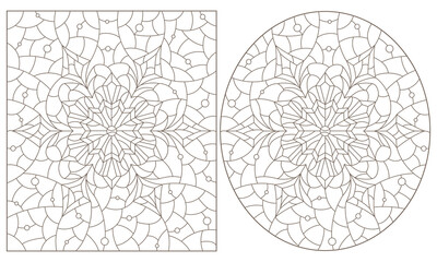 Set of contour illustrations in the stained glass style with snowflakes, oval and square images, dark contours on a white background