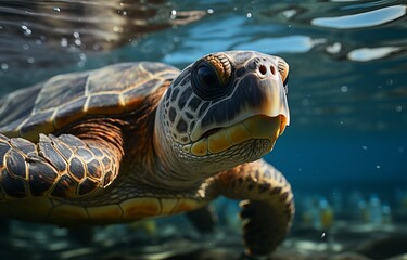 Underwater shot of a sea turtle among plastic trash, Concept: illustration of the environmental problem of ocean plastic pollution, marine fauna conservation and the fight against plastic waste