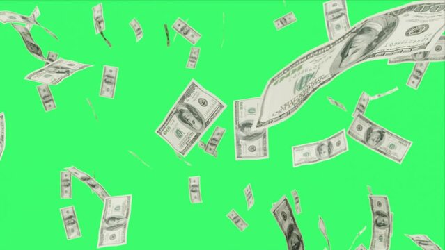 4k of money rain 100 dollar bills falling on green screen side view