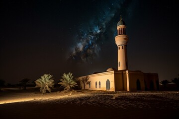 Nighttime desert mosque. Generative AI