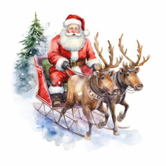 Santa Claus rides in a sleigh, Christmas and New Year's theme in watercolor style on white background