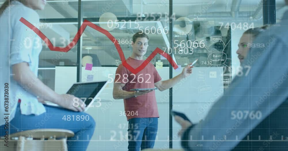 Poster animation of red line and data processing over diverse business people in office