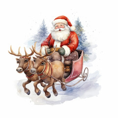 Santa Claus rides in a sleigh, Christmas and New Year's theme in watercolor style on white background