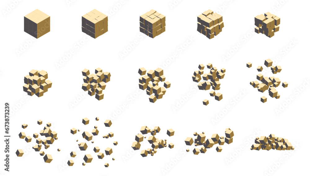 Poster stages of destruction of a cube by an explosion. template for web illustrations and computer graphic