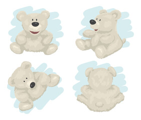 White teddy bear in different poses isolated on background