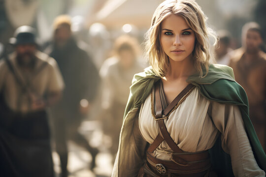 Pretty woman in medieval style fantasy role playing game costume garment with blurry people at renaissance  fair in background
