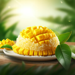 Mango sticky rice in a Thai dessert dish,Thai food