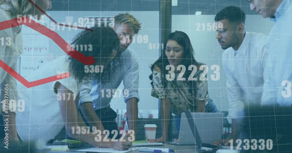 Poster animation of red lines and data processing over diverse business people in office