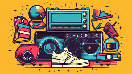 Design 80s-themed online clothing store logo , roller skates, cassette tapes.