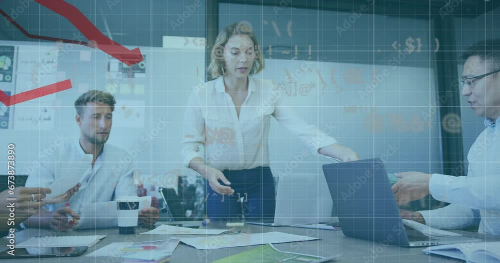 Aufkleber animation of red lines and data processing over diverse business people in office