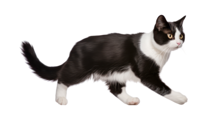 walk black and white cat isolated on transparent background cutout
