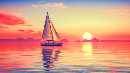 Fototapeta premium Sailing yacht in the sea at sunset. 3d render. Sailing regatta. Luxury sailing yacht.