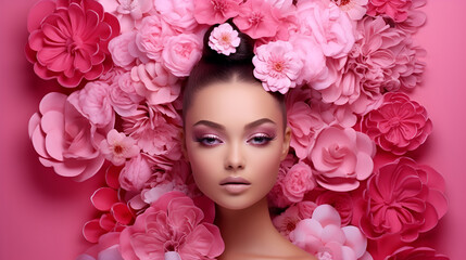 beauty Art brunette girl with pink peonies flowers in her hair and professional makeup, on a studio pink background with copy space. The concept of naturalness of cosmetic products and cosmetology.
