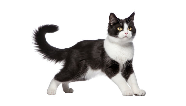 black and white cat isolated on transparent background cutout