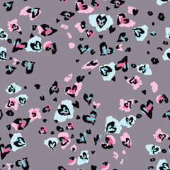 Abstract seamless hearts leopard pattern with wild animal leather skin print. Colorful pop art repeated ornament for fashion textile clothes, wrapping paper. Tiger print. Leopard skin print