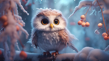 Cute owl sits on a branch against the backdrop of a fabulous winter, snowy forest, bokeh and copy space. Cartoon illustration. Christmas card with copy space.