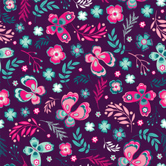 Seamless pattern with flowers and butterflies. Can be used on packaging paper, fabric, background for different images, etc.
