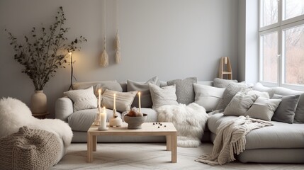 Fototapeta na wymiar Inviting Living Room with Cozy Sofa and Decorative Pillows generated by AI tool 