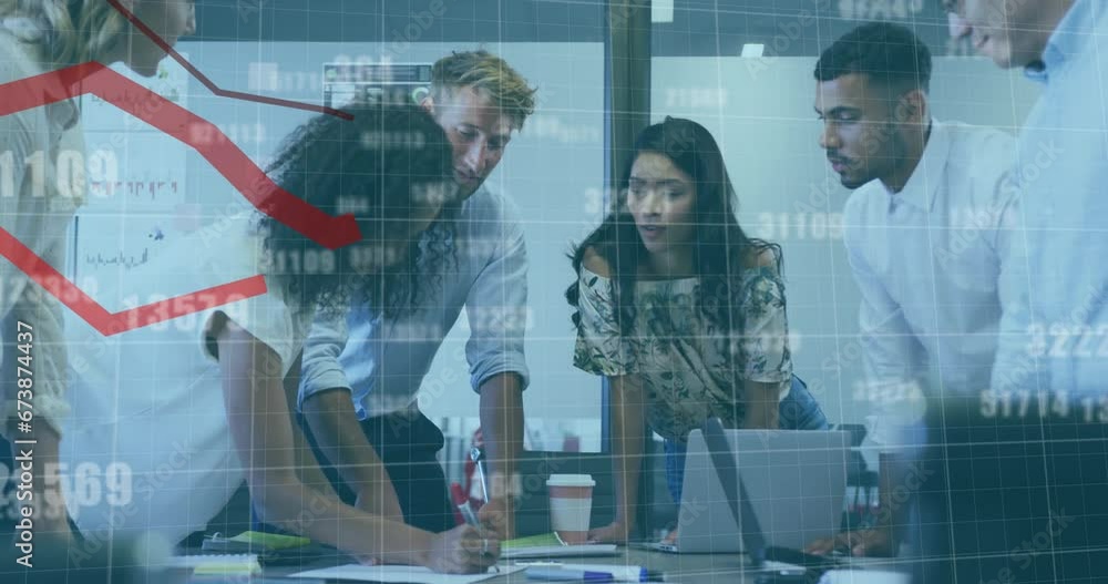 Aufkleber animation of red lines and data processing over diverse business people in office