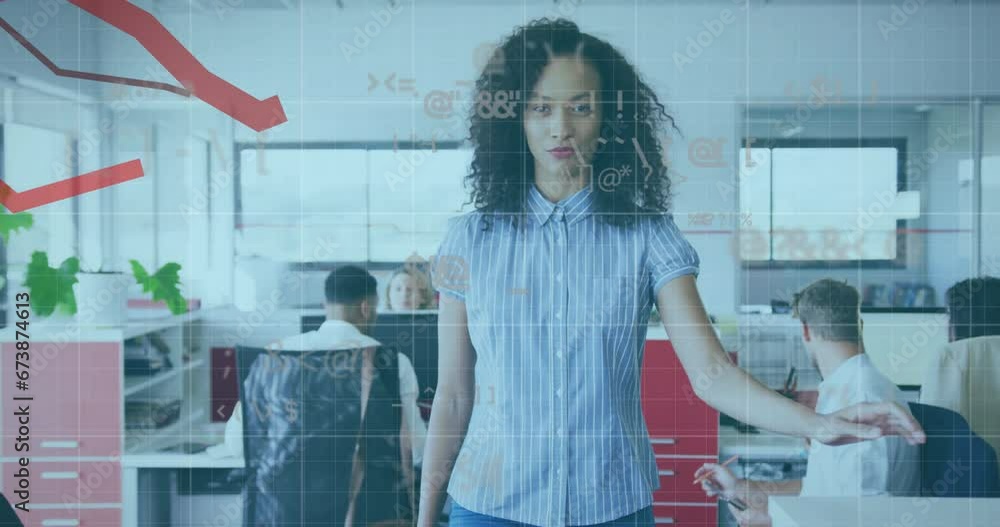 Poster animation of red lines and data processing over diverse business people in office