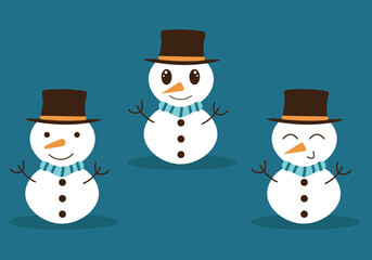 Set of snowmen in flat style on a blue background. Winter symbol, icon. Design element for Christmas or New Year cards.