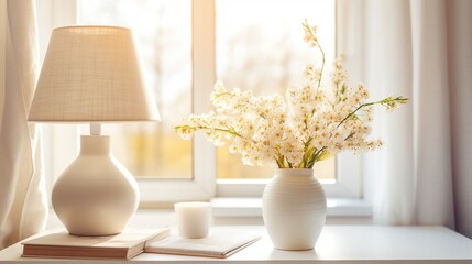 Indoor Oasis: a White Living Room with Cozy Furniture, Flowering Plants, and Elegant Decorated Ideas generated by AI tool 