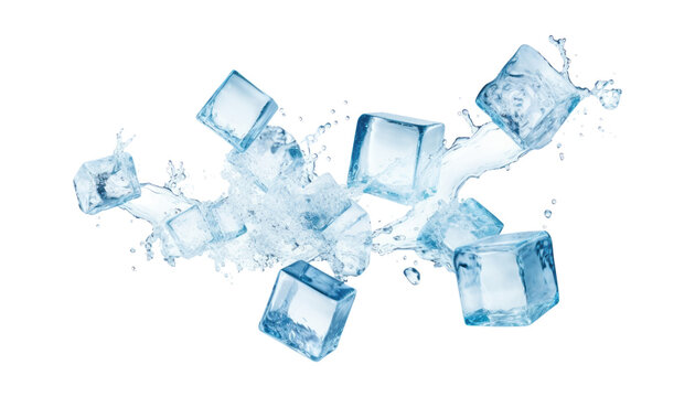 flying ice cubes isolated on transparent background cutout