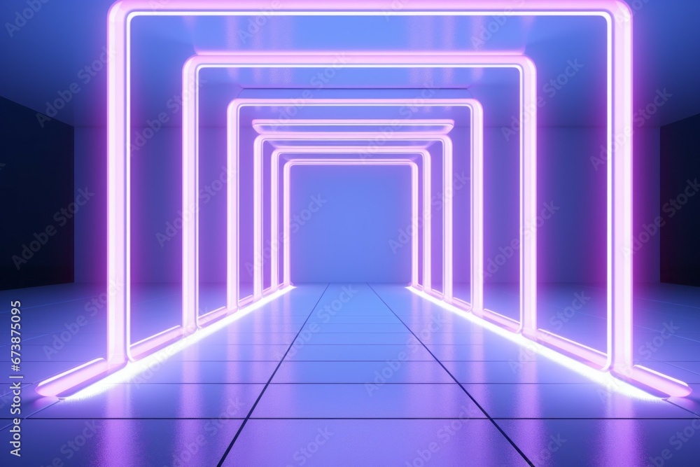 Poster long empty corridor with neon lights. background with selective focus and copy space