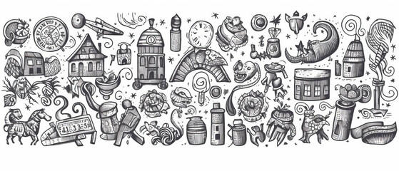Obraz premium New Year themed lucky charms hand drawn line drawing illustration on white background,generative ai