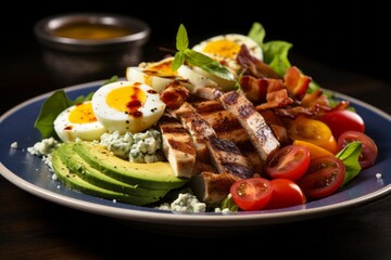Appetizing Cobb salad. Traditional American cuisine. Popular authentic dishes. Background with selective focus