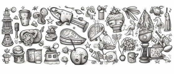 Naklejka premium New Year themed lucky charms hand drawn line drawing illustration on white background,generative ai