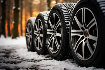 Fototapeta na wymiar New car tires on the snow. Background with selective focus and copy space
