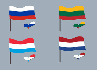 Set of flags (Lithuania, Luxembourg, Netherlands, Russia). Heart in flag colors. Set of national symbols.