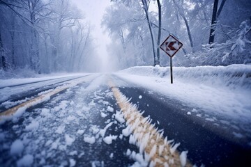 Caution: snowfall warning on icy road. Generative AI