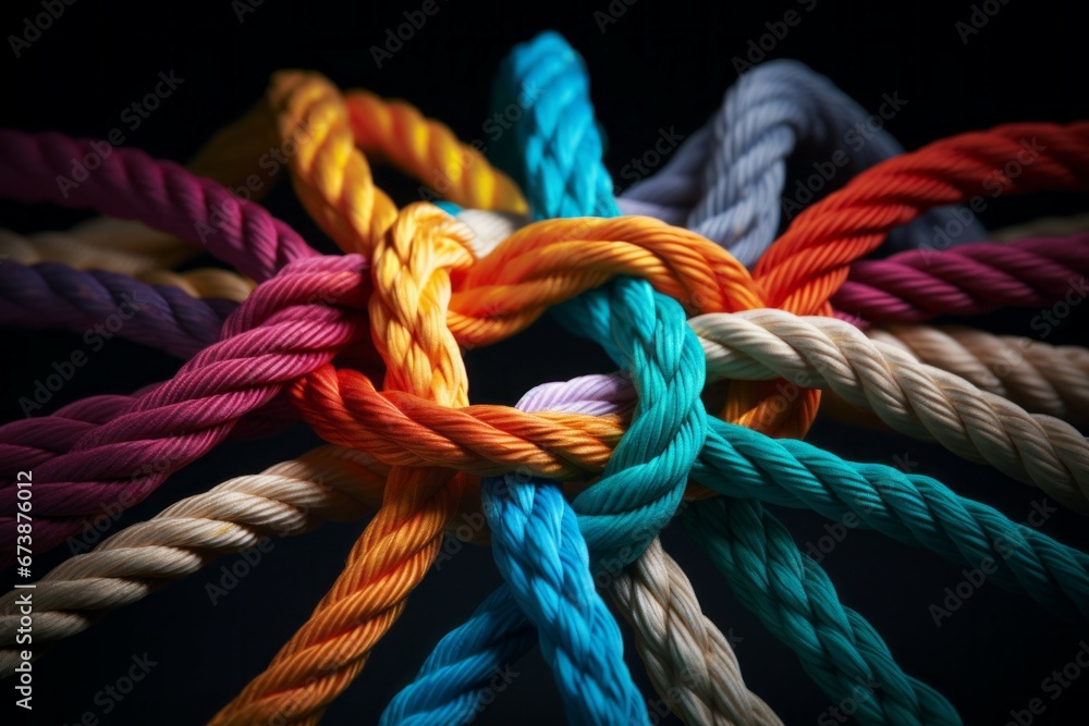 Poster different ropes are woven into a knot. teamwork concept. background with selective focus and copy sp