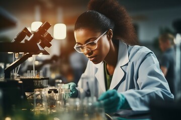 Female microbiologist. Portrait with selective focus and copy space - obrazy, fototapety, plakaty
