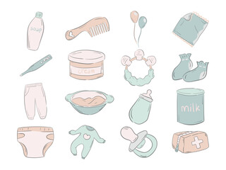 Newborn Supplies Collection Vector Illustration Doodle Style Pastel Color