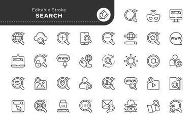 Search icon in outline linear style. Search magnifying glass, web and internet search on the network. Vector set of conceptual web icons for applications, websites. Pictogram collection.