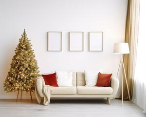 Interior wall vertical wooden poster photo frame,christmas tree and decoration,3D Render