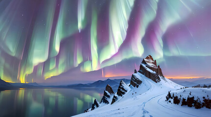 Natural landscape in winter and brilliant aurora in the sky - obrazy, fototapety, plakaty