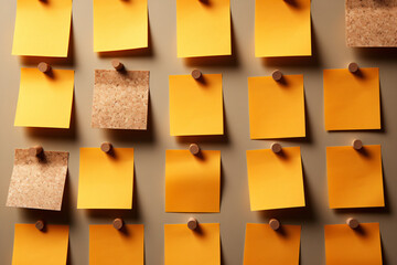 Rows of yellow sticky notes on a wall some blank - obrazy, fototapety, plakaty