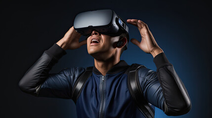 Young asian man enjoy virtual reallity experience wearing VR glasses.