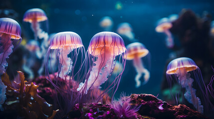 A serene jellyfish exhibit, with softly glowing bioluminescent creatures as the background context, during a peaceful nocturnal aquarium experience