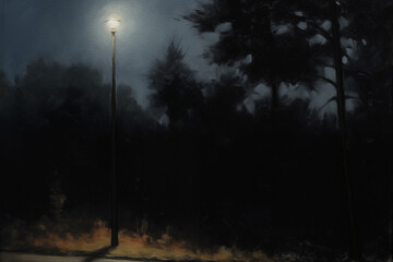 Radiant Solitude: Nocturnal Glow - Oil Painting of a Lone Light Pole in the Night
