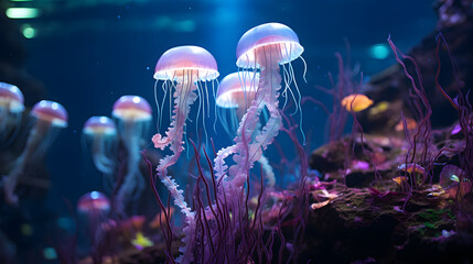 A serene jellyfish exhibit, with softly glowing bioluminescent creatures as the background context, during a peaceful nocturnal aquarium experience - obrazy, fototapety, plakaty