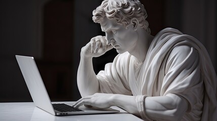 Greek style marble male statue, studying with a laptop.