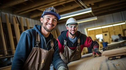 Two young smiling carpenter boys working in the carpentry shop - obrazy, fototapety, plakaty