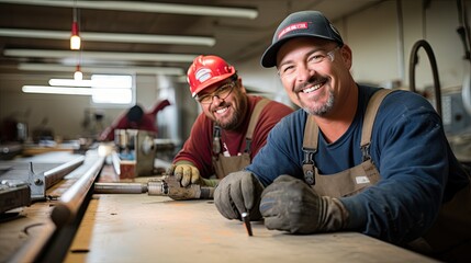 Two male carpenters smiling working on the carpentry. - obrazy, fototapety, plakaty