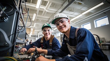 Two young electrician students smile while doing work practices, vocational training concept. - obrazy, fototapety, plakaty