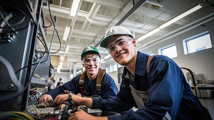 Fotobehang Two young electrician students smile while doing work practices, vocational training concept. © MiguelAngel